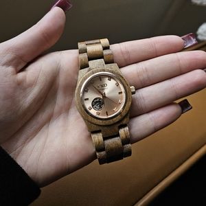 JORD Rose Gold, Real Oak Wood and Diamond Automatic Watch